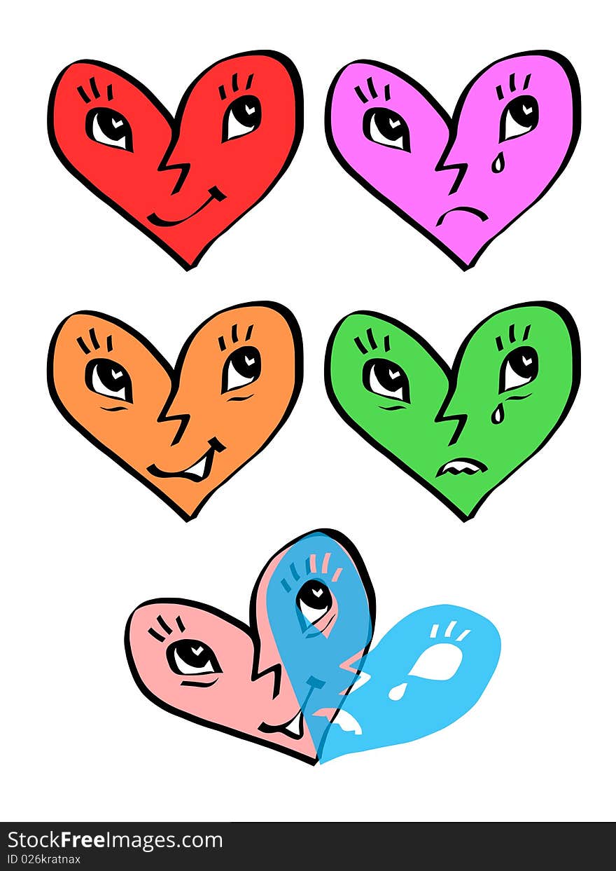 A set of coloured heart faces with different emotions. *** If you need more variations on this theme, feel free to contact me (leave a comment via Tools tab). ***. A set of coloured heart faces with different emotions. *** If you need more variations on this theme, feel free to contact me (leave a comment via Tools tab). ***