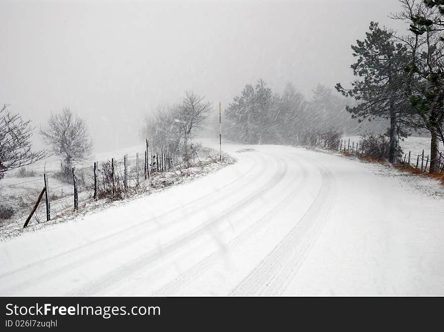 Dangerous Road With Snowstorm And Ice