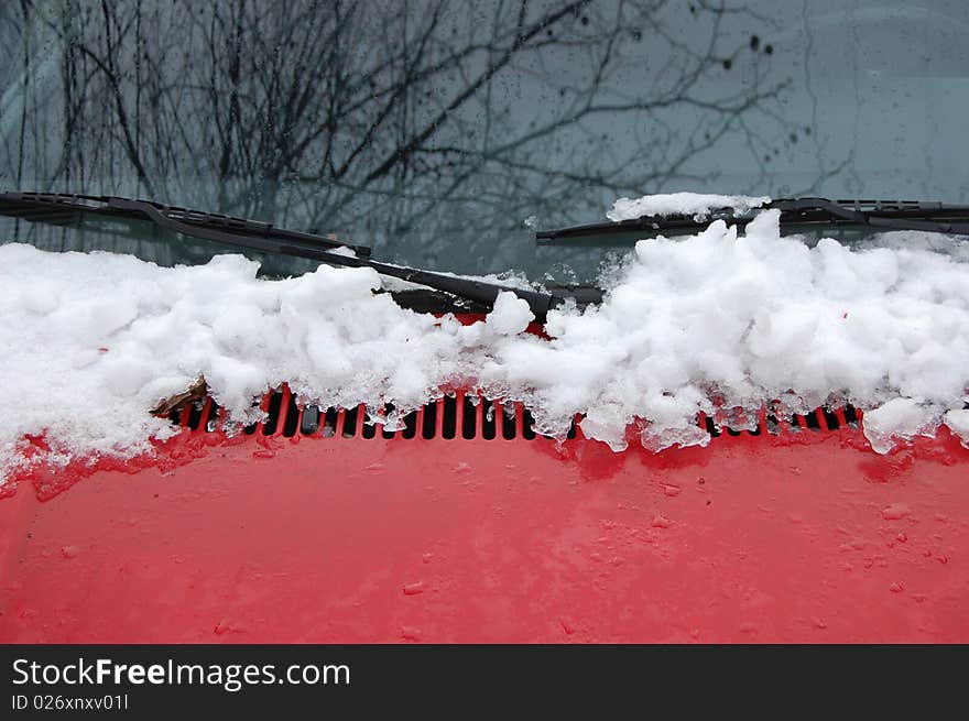 A car window with snow