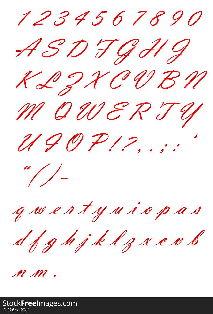 Red calligraphic numbers and alphabet on the white background