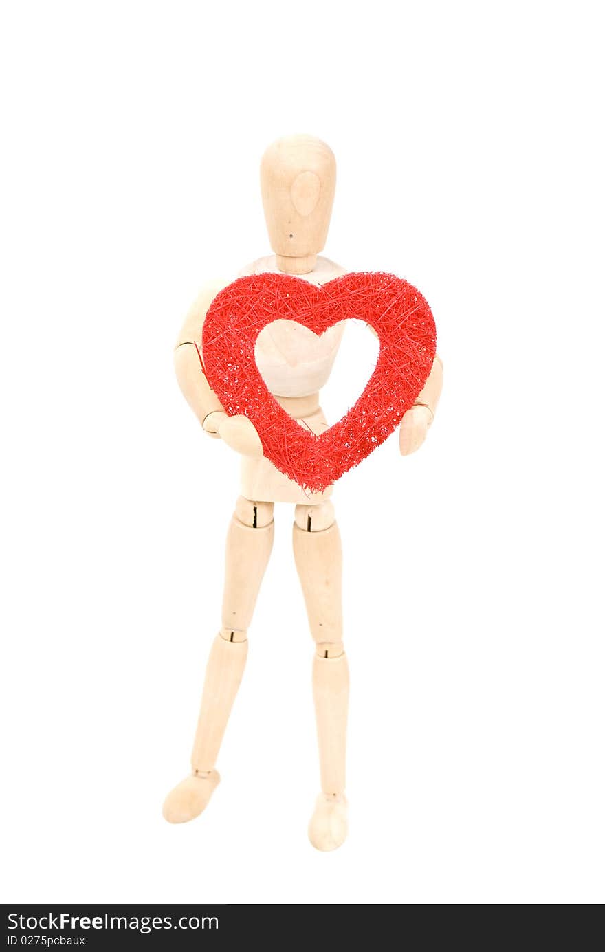 Wood man with heart on white background