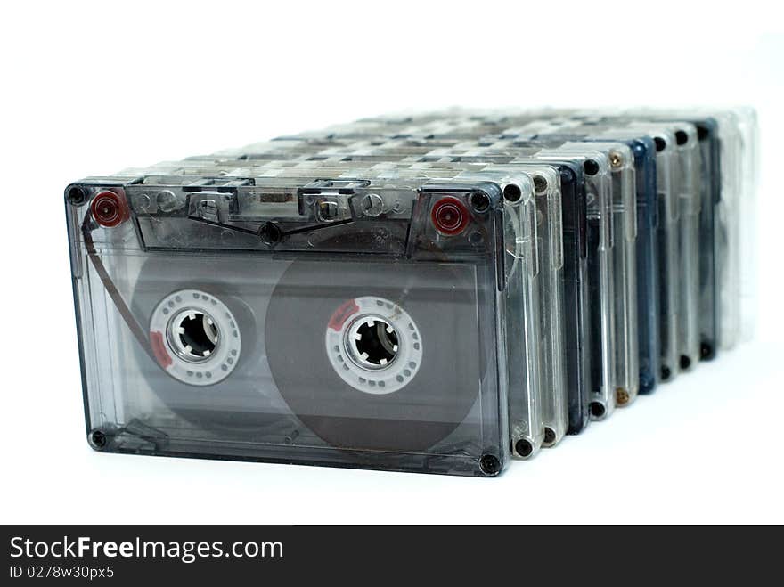 Old tape audio cassettes in a row