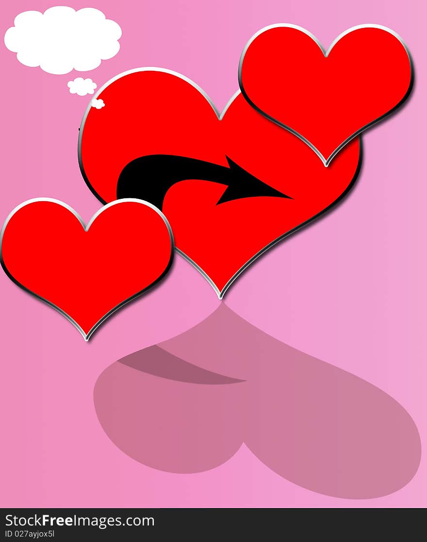 Three hearts with one arrow and a talk bubble on purple background