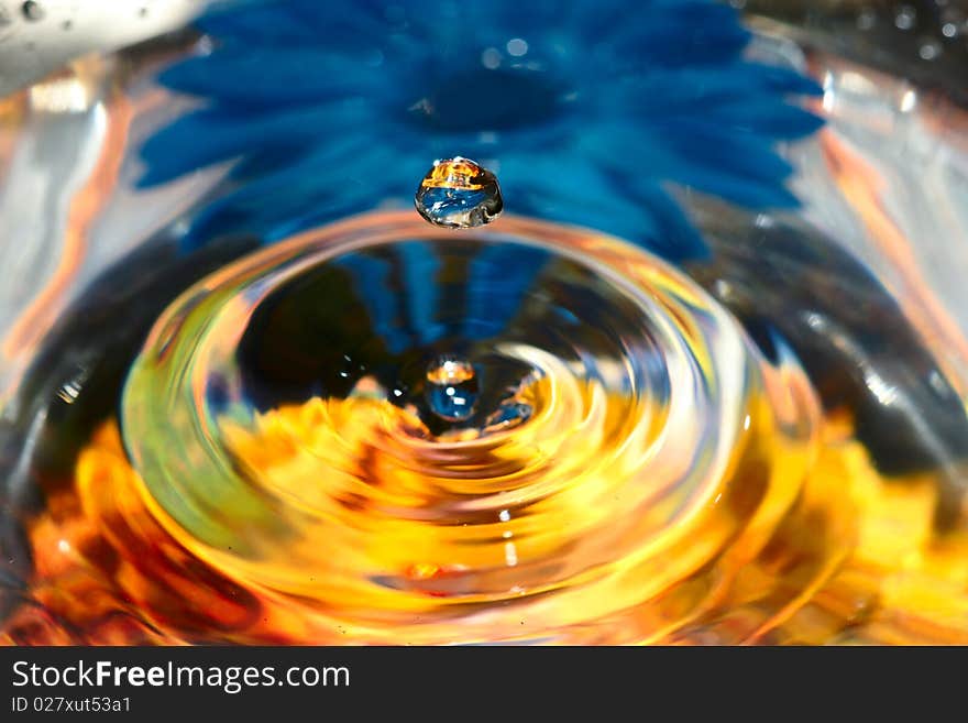 Water drop into the glass bowl. The bowl is on colorful paper.