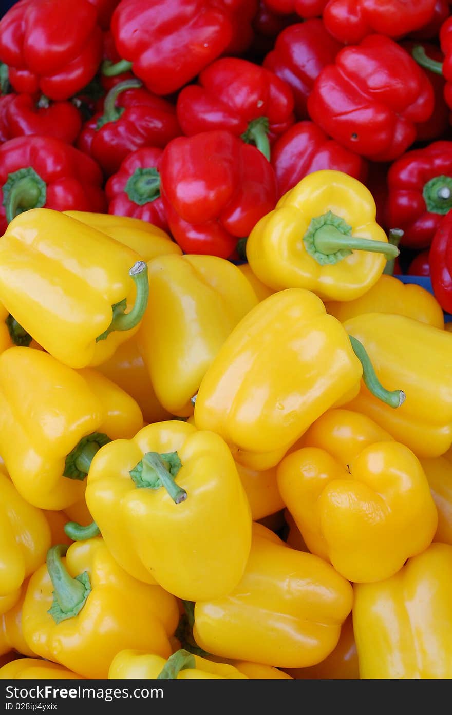 Red and yellow hot peppers on a market in Holland