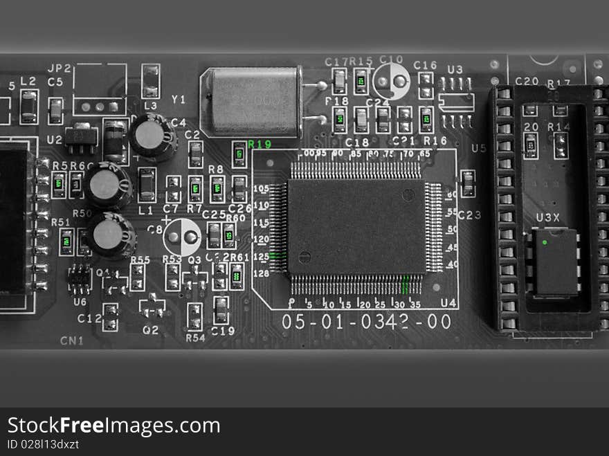 The computer electronic card with chips, microprocessors, transistors, explorers and other electronic parts. The computer electronic card with chips, microprocessors, transistors, explorers and other electronic parts.