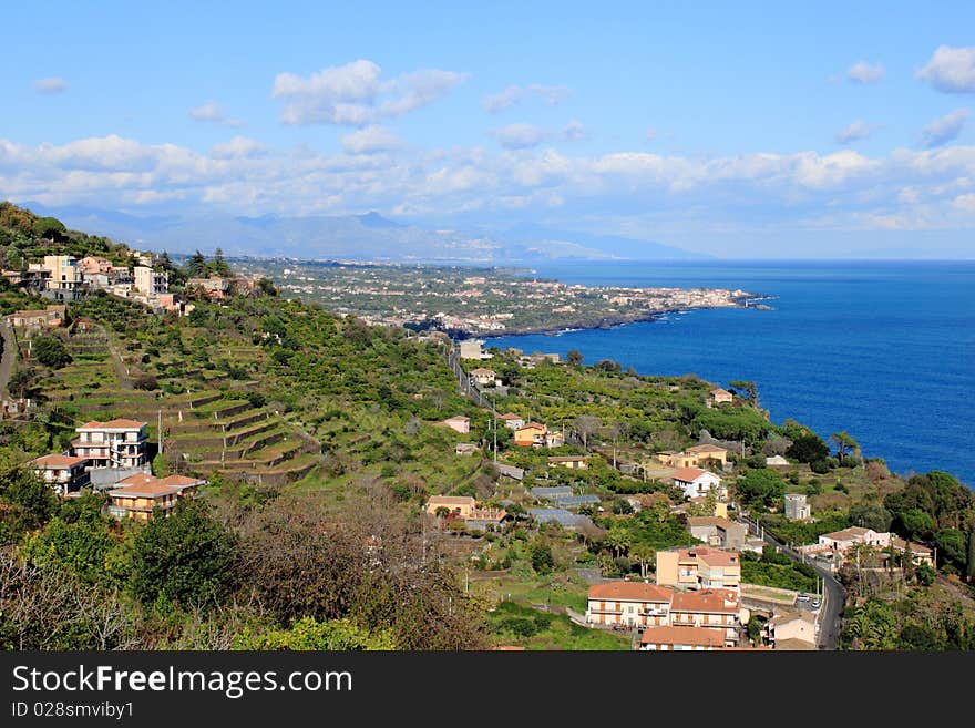 Panoramic view of the towm and the sea in Sicilia