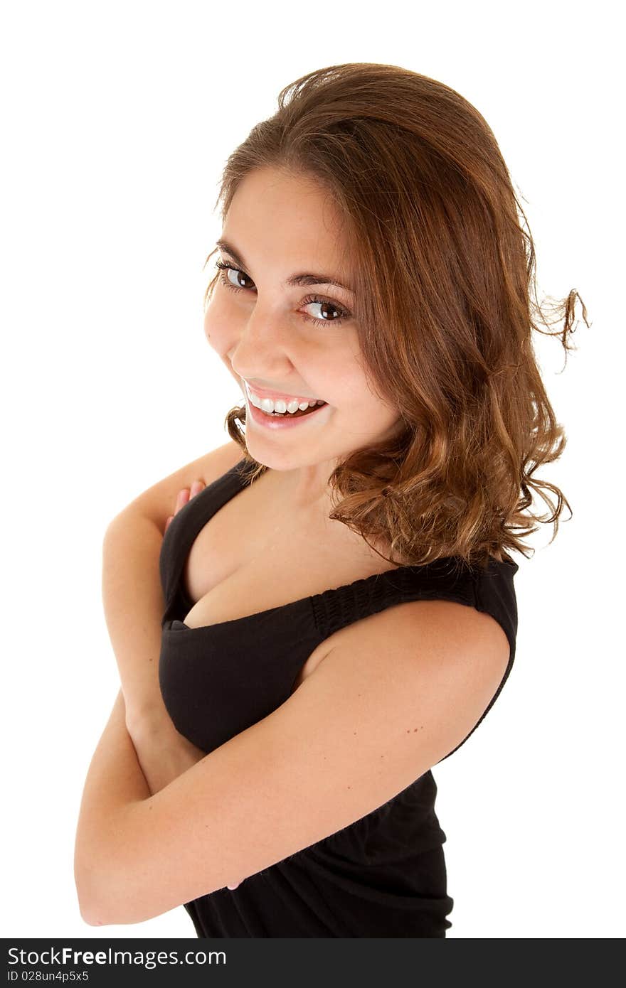 Beautiful smiling woman in a black dress on white background