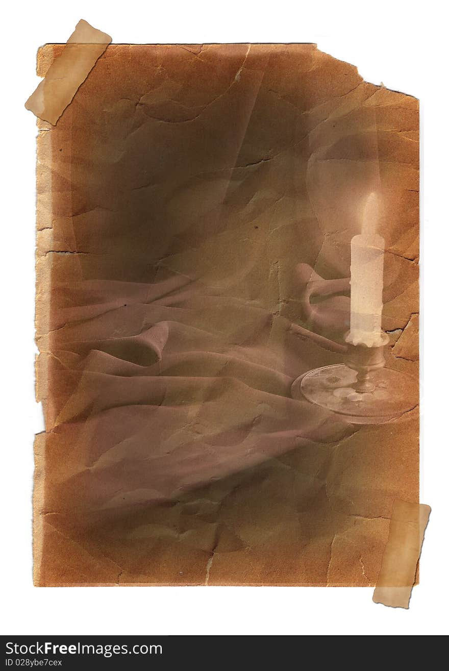 Page with vintage effect, pasted by a sticky tape on a white background. Candle