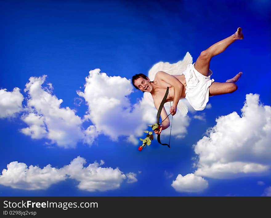 Cupid with bow flying over clouds. Cupid with bow flying over clouds