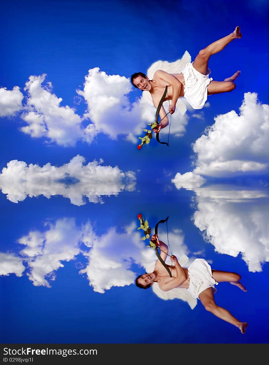 Cupid with bow flying over clouds. Cupid with bow flying over clouds