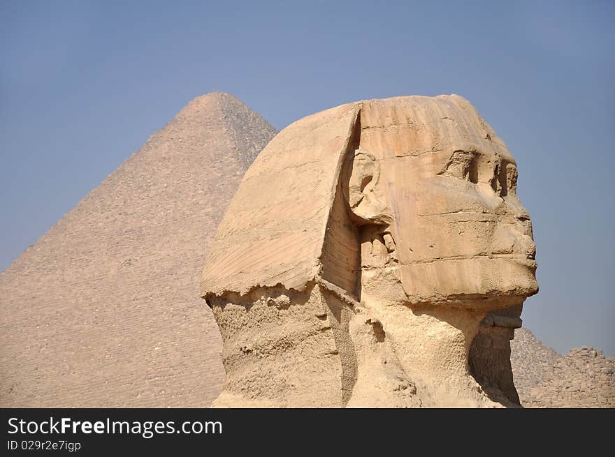 Head of a sphinx on the background of the pyramid of Cheops