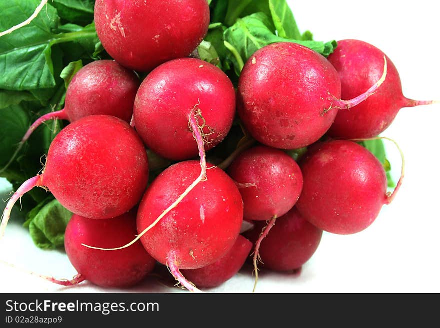 A bunch of radishes on white bord