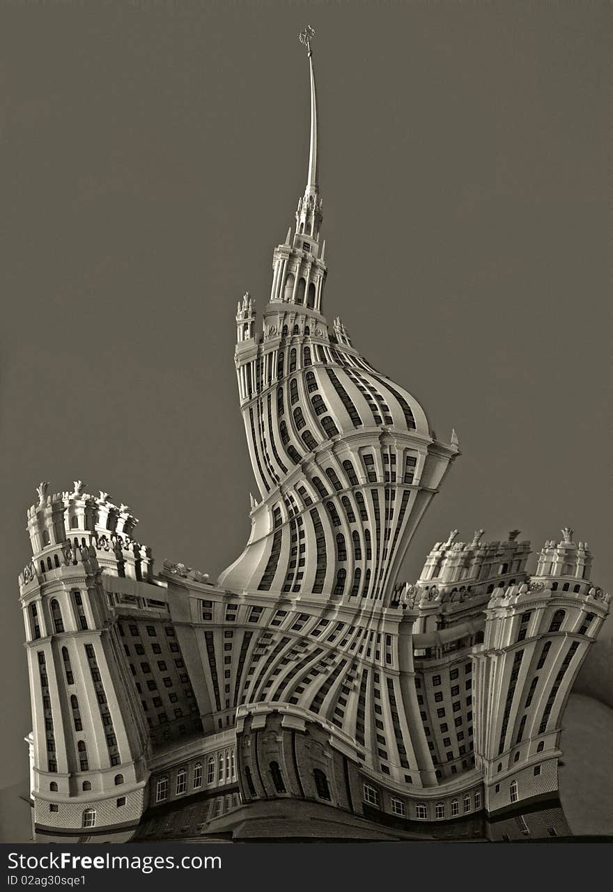 An illustration of distorted model of soviet high tower. An illustration of distorted model of soviet high tower