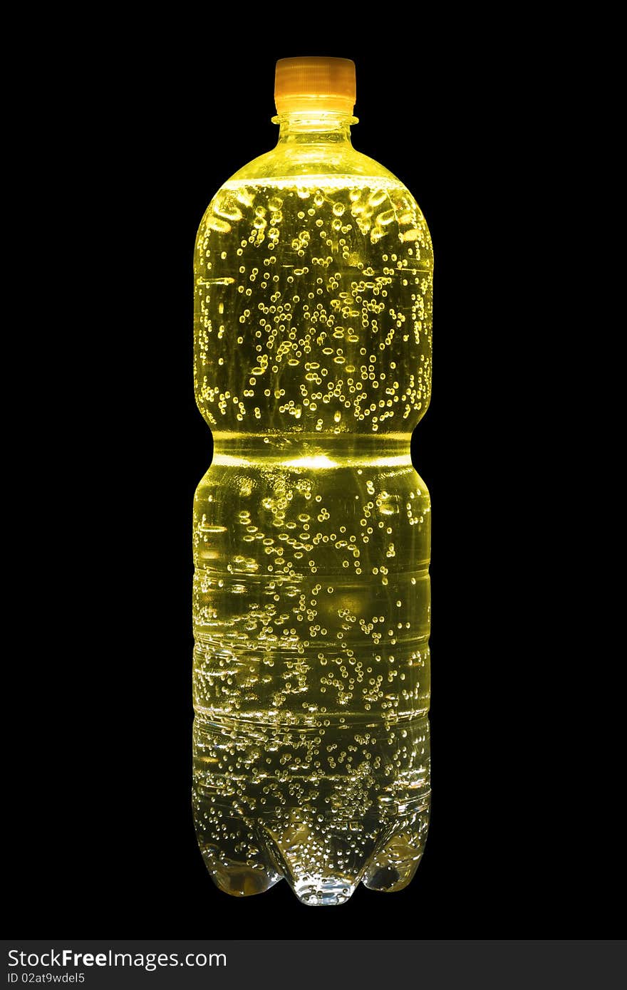 Plastic bottle with yellow lemonade and set of vials bubbles of gas. Isolated on black. Plastic bottle with yellow lemonade and set of vials bubbles of gas. Isolated on black.