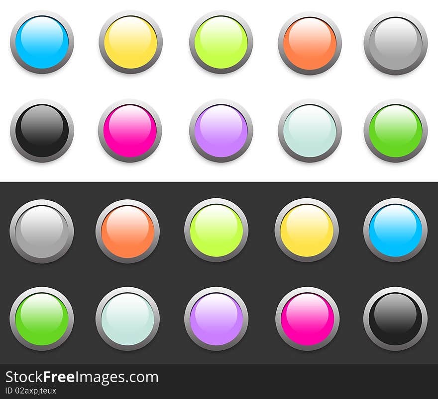 Glossy circular website buttons in different colors isolated over white and dark background. Glossy circular website buttons in different colors isolated over white and dark background