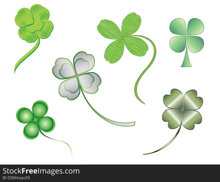 Set of isolated green four-leaf clovers on white background. Set of isolated green four-leaf clovers on white background