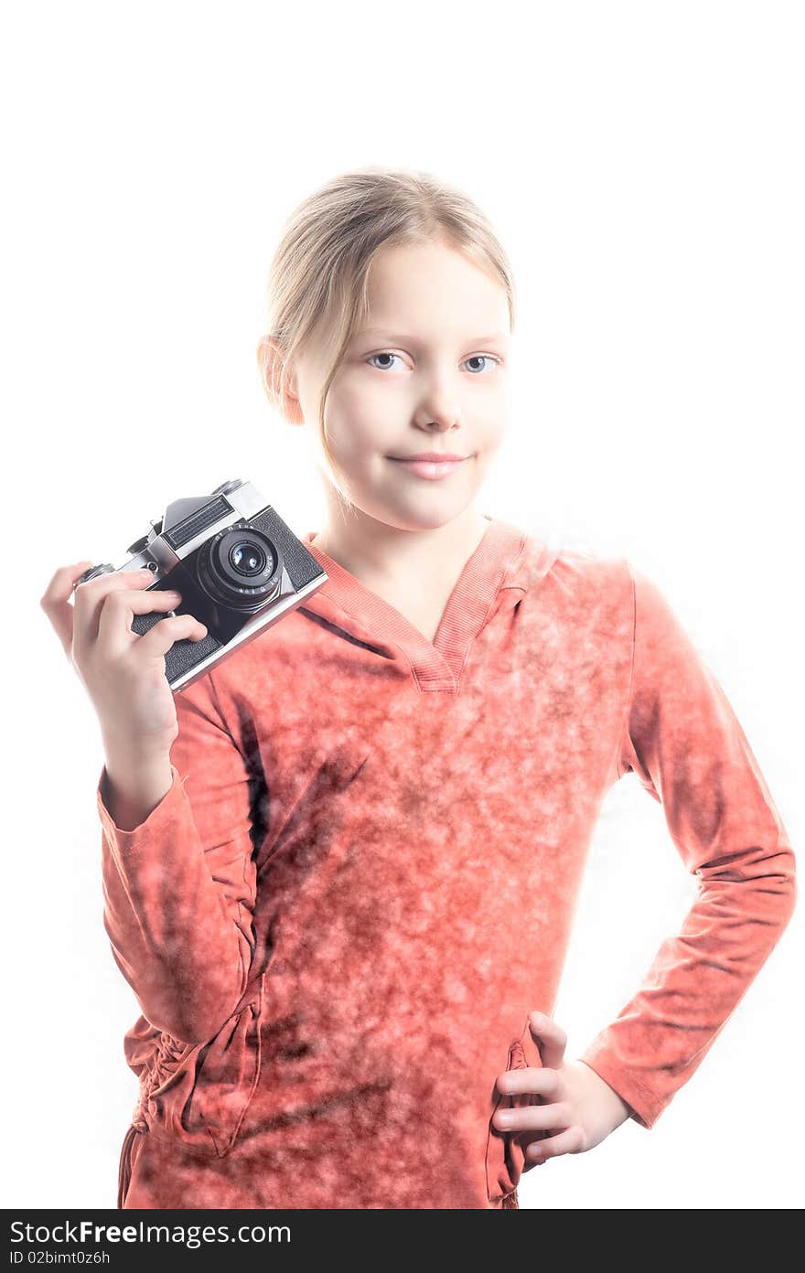 Little girl with vintage camera isolated on white. Little girl with vintage camera isolated on white