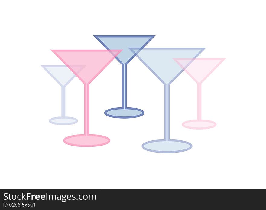 Set of five pastel-colored champagne / cocktail glasses