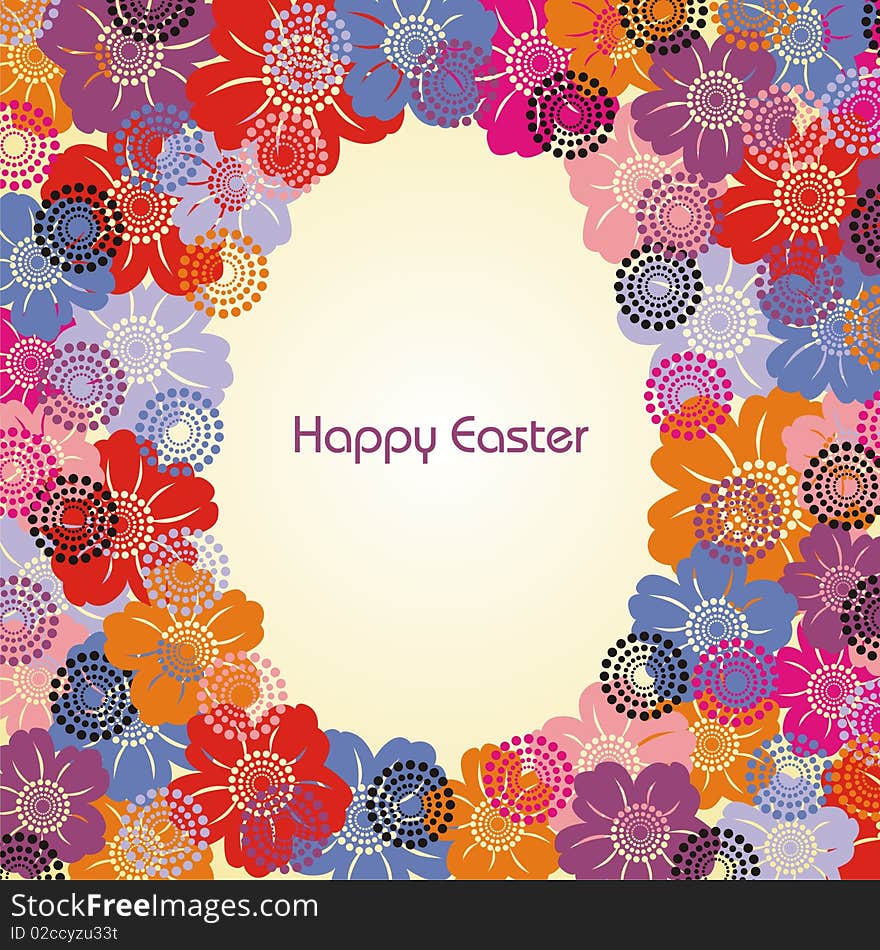 Postcard with Easter egg and colorful flowers. Postcard with Easter egg and colorful flowers.