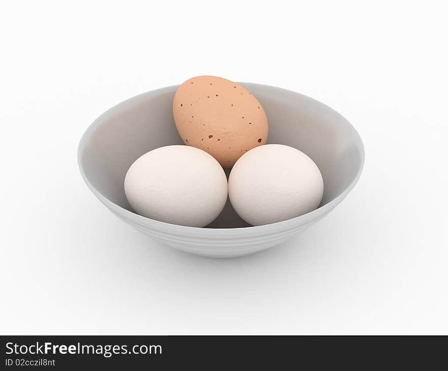 Three Eggs in dish on white background. Three Eggs in dish on white background