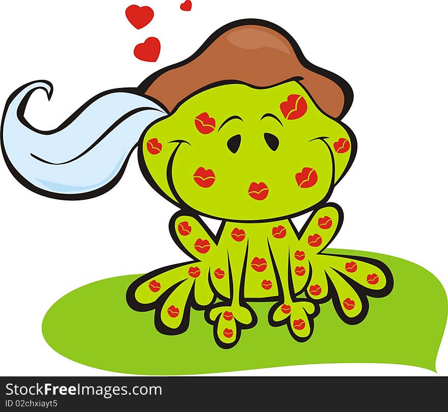 Illustrated frog prince wearing a hat with lipstick kisses and floating hearts. Illustrated frog prince wearing a hat with lipstick kisses and floating hearts.