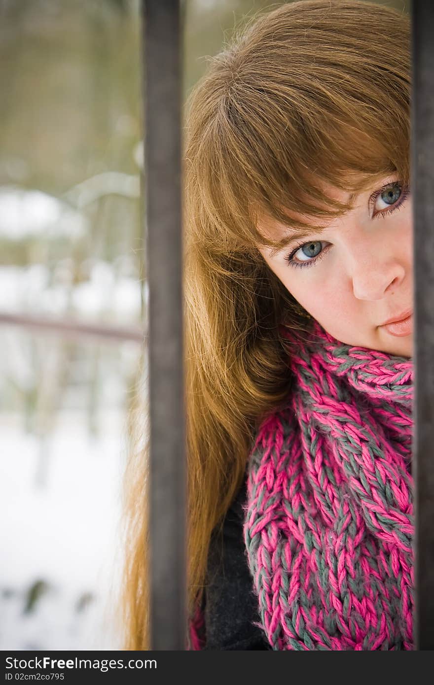 Part of the face of beautiful young woman, standing near a fence. Part of the face of beautiful young woman, standing near a fence