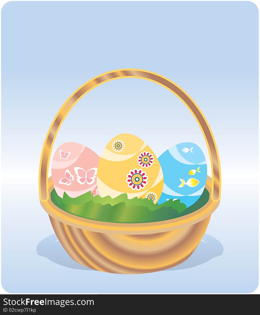 Basket with Easter painted eggs on a blue background. Basket with Easter painted eggs on a blue background