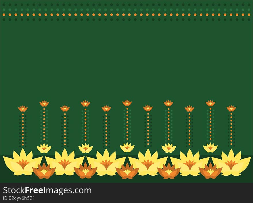 Dark green background with yellow and orange flowers and rows of dots. Dark green background with yellow and orange flowers and rows of dots.