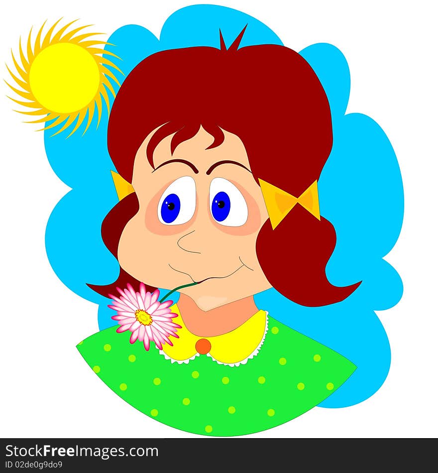 Cute little girl is with daisy flower in mouth. Cute little girl is with daisy flower in mouth