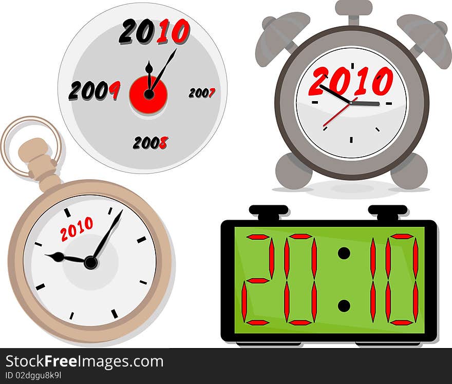 Clocks with a symbolic image of 2010 year. illustrated in .