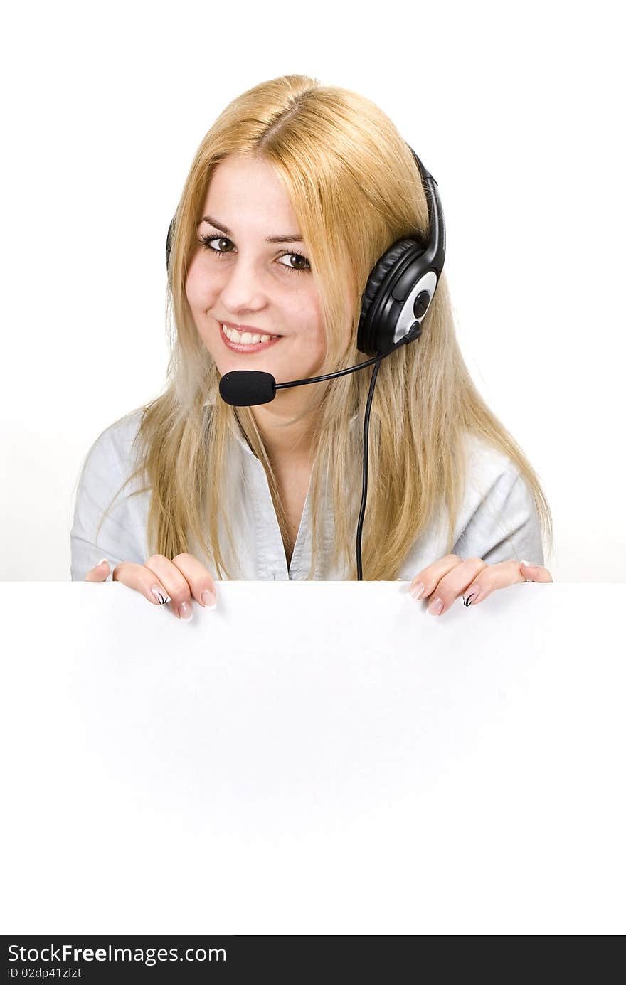 Beautiful business customer service woman holding a blank billboard. Beautiful business customer service woman holding a blank billboard