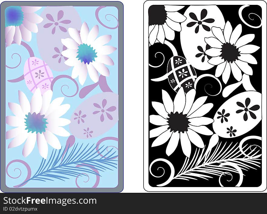 Easter eggs  two illustration  with white daisy flowers, ornaments feather and eggs. Two color variants black and white, blue. Easter eggs  two illustration  with white daisy flowers, ornaments feather and eggs. Two color variants black and white, blue.