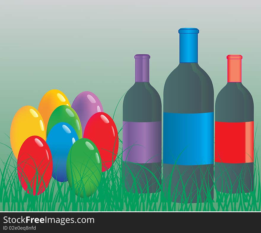 Many color easter eggs with wine bottles. Many color easter eggs with wine bottles