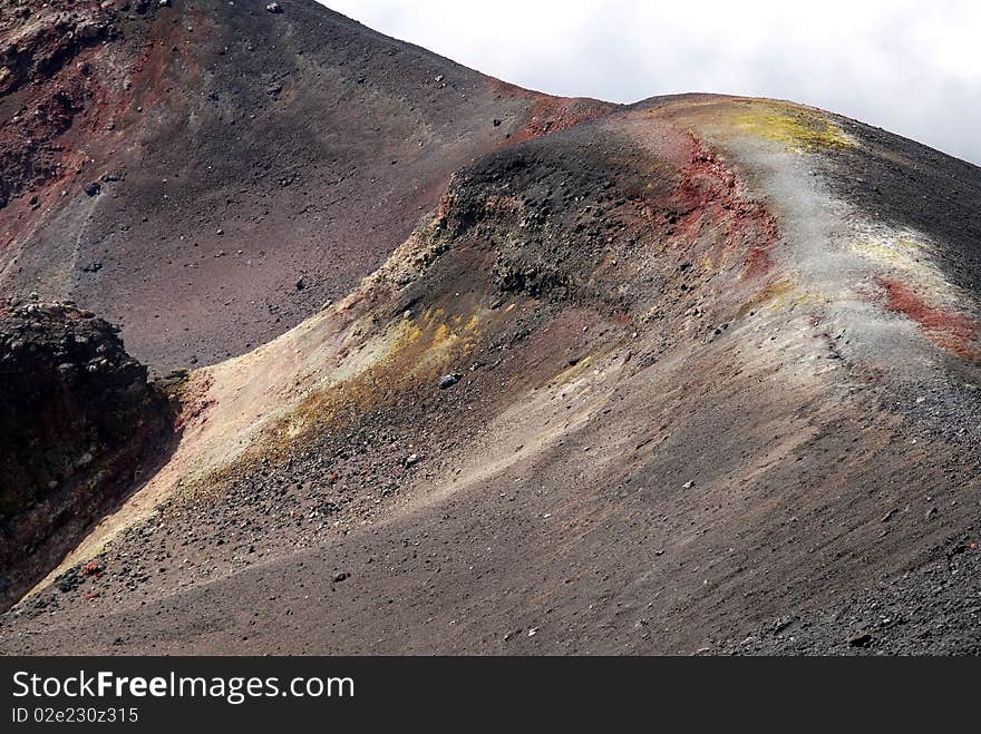 Lava and sulfur in rocks on the Sicily Volcano. Lava and sulfur in rocks on the Sicily Volcano