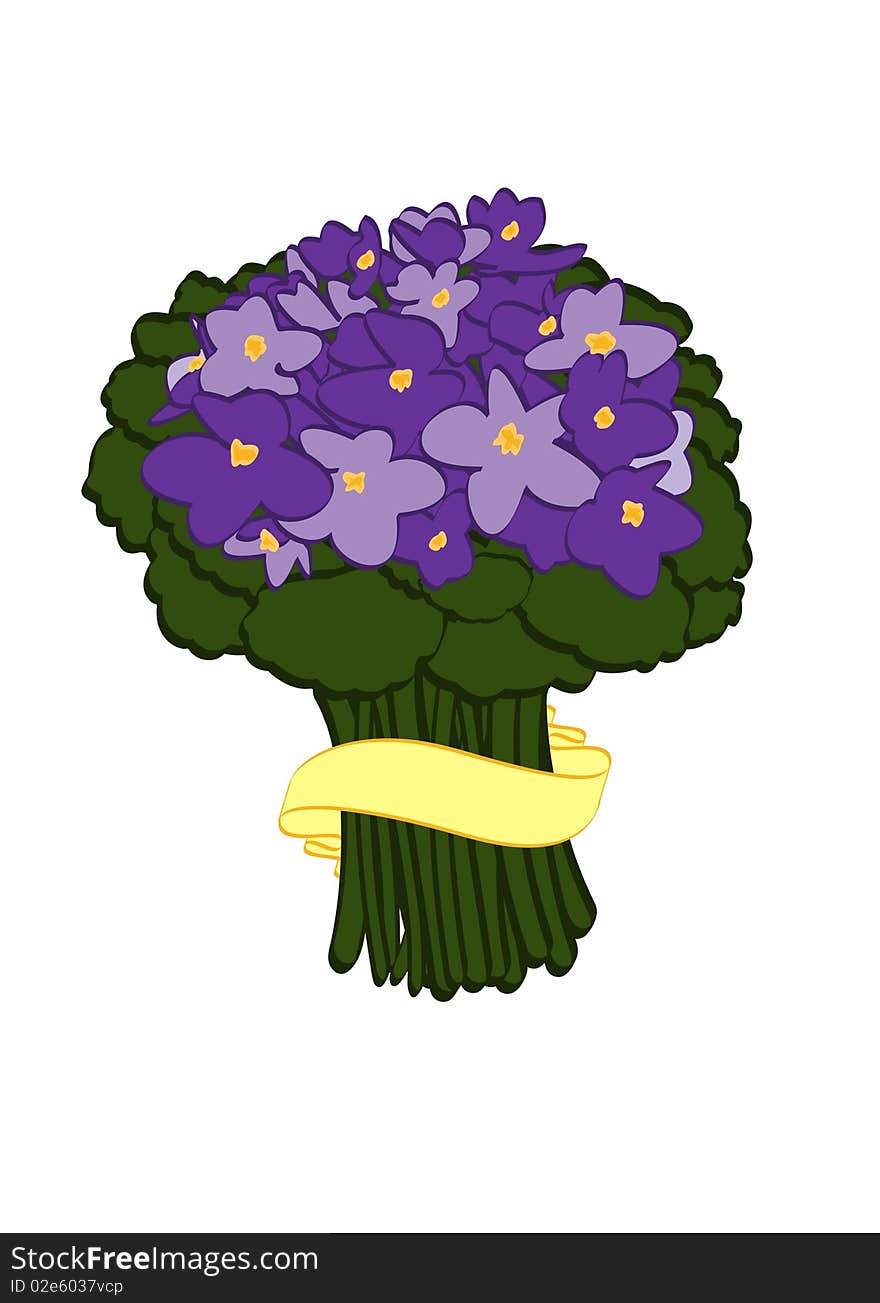 Stylized bouquet of violets with ribbon