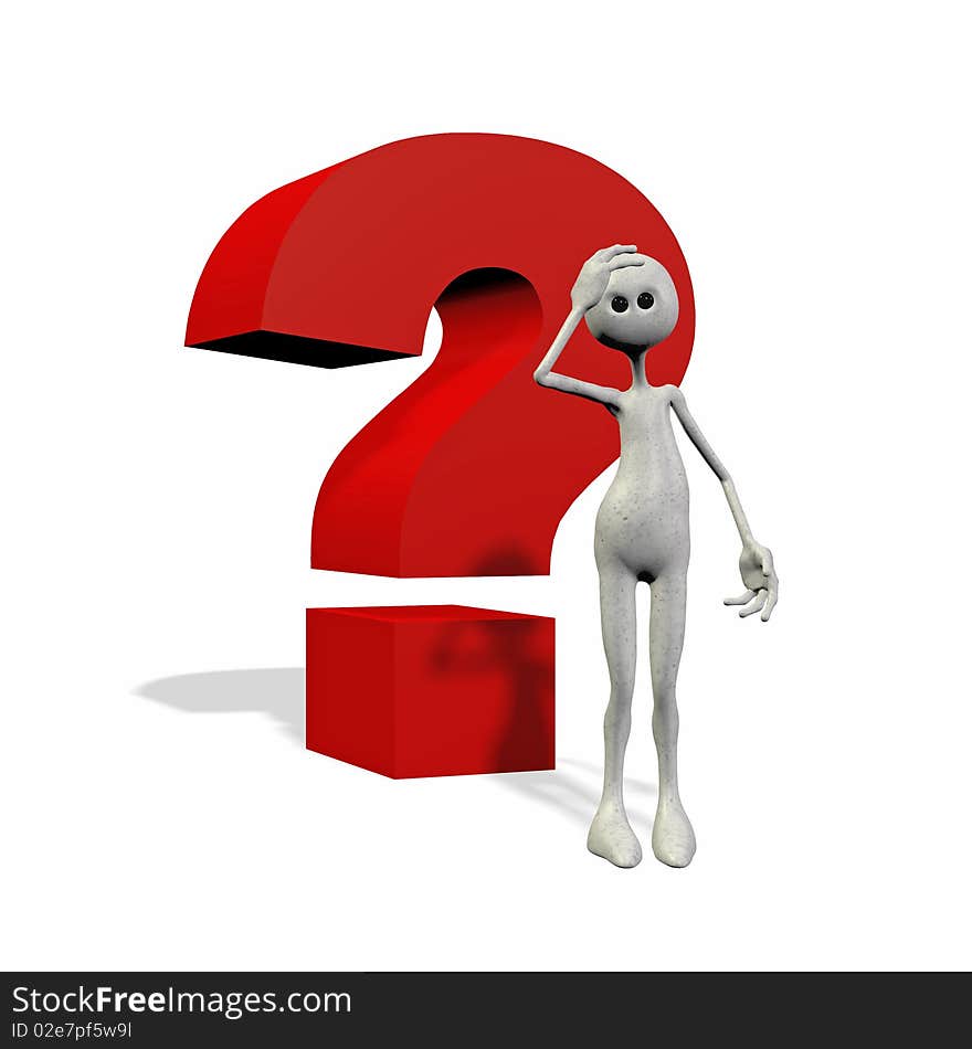 Comic man standing before question mark, 3d. Comic man standing before question mark, 3d