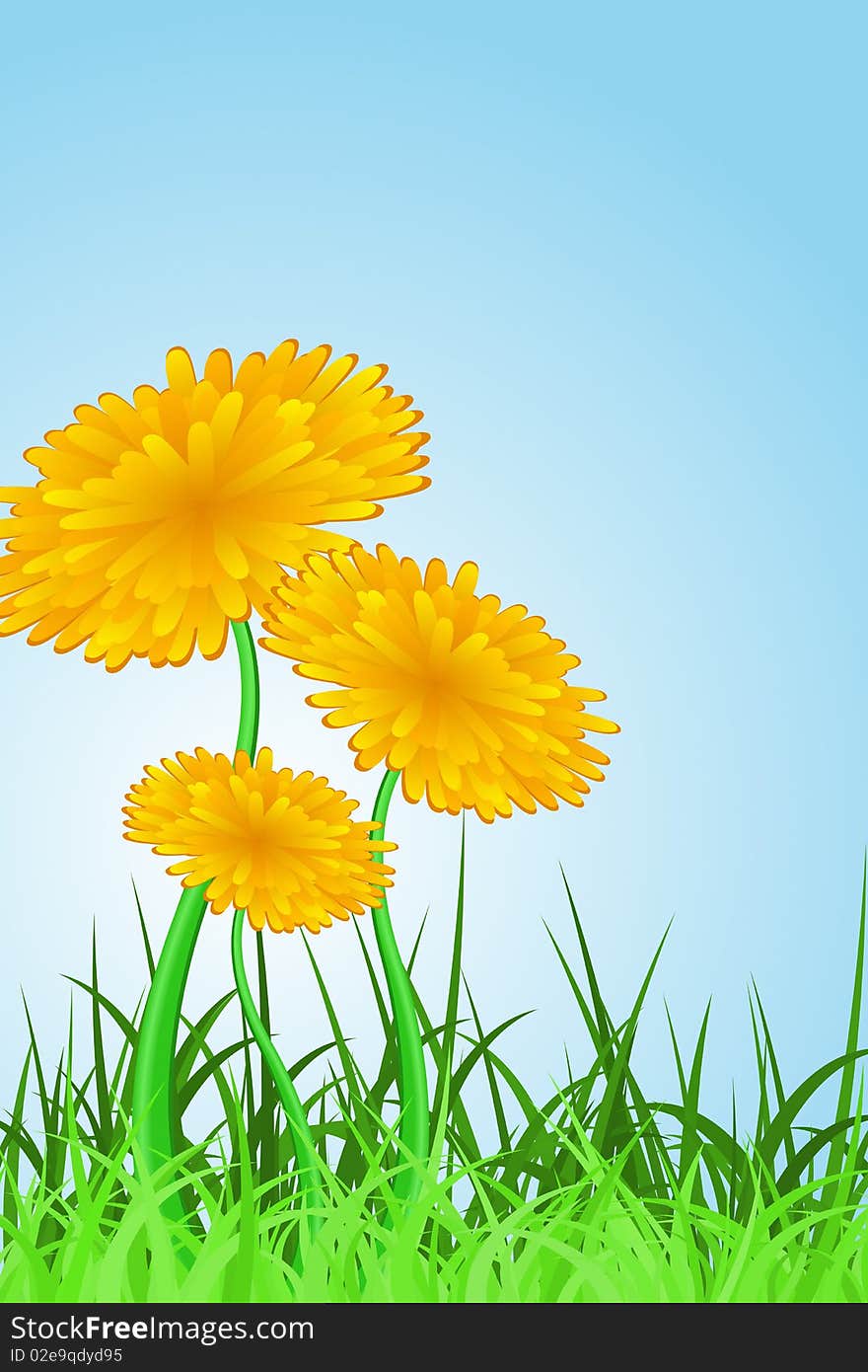 Graphic Illustration of dandelions and grass over blue sky