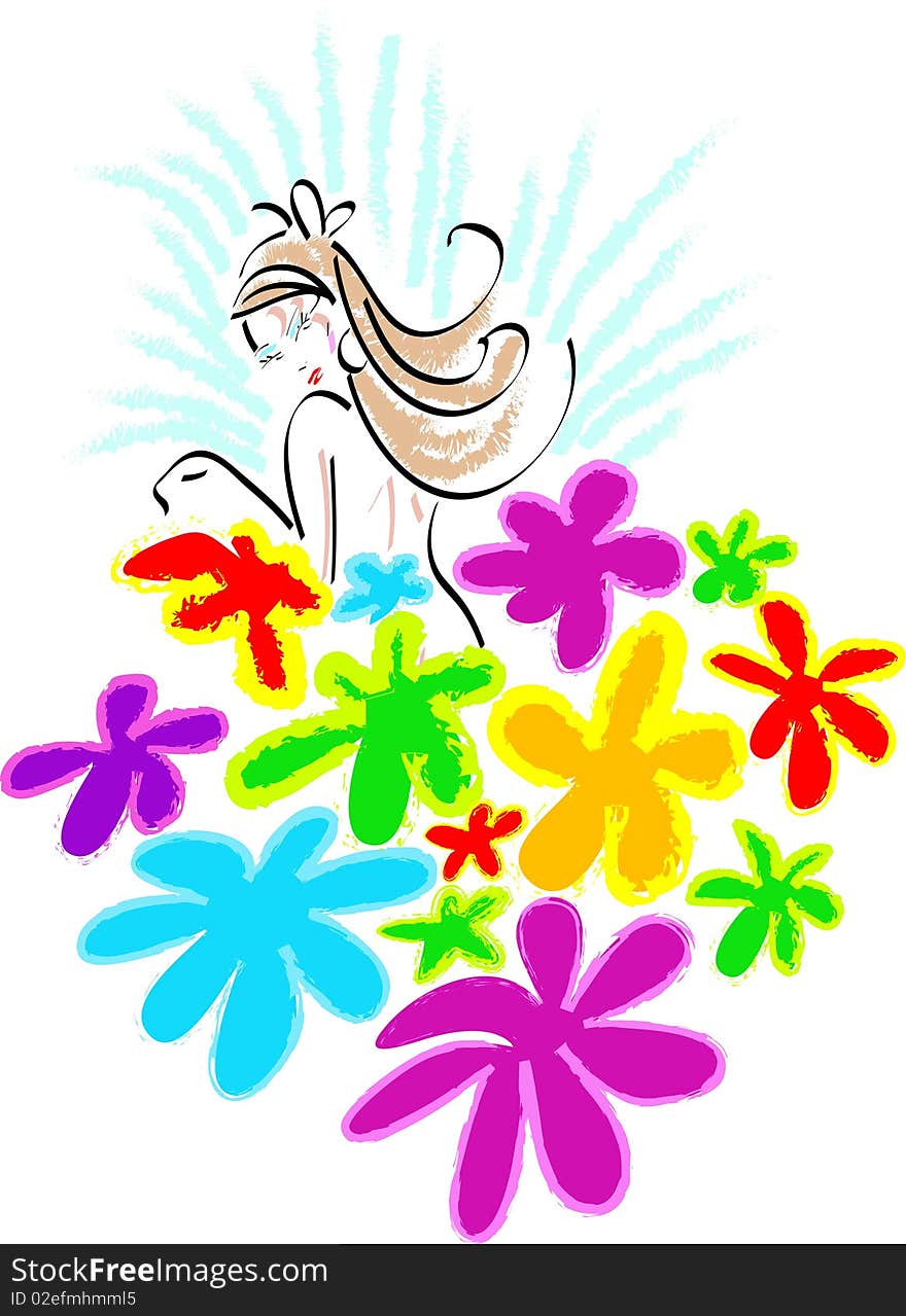 Colourful flowers and teen age girl brush stroke art work. Colourful flowers and teen age girl brush stroke art work