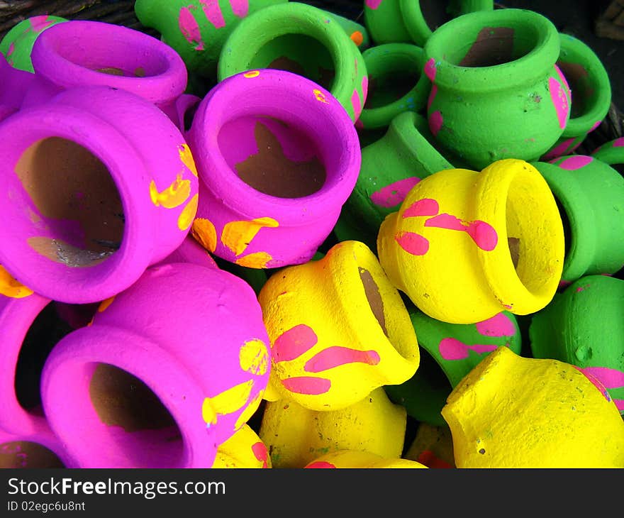 Stock of Colorful pots on display for background use