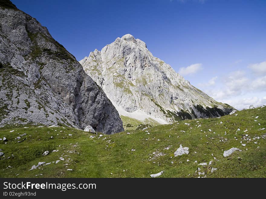 Photo is taken from around of Coburger Hut, Tirol, Ehrwald. Dragonkopf ridge on the left. Photo is taken from around of Coburger Hut, Tirol, Ehrwald. Dragonkopf ridge on the left