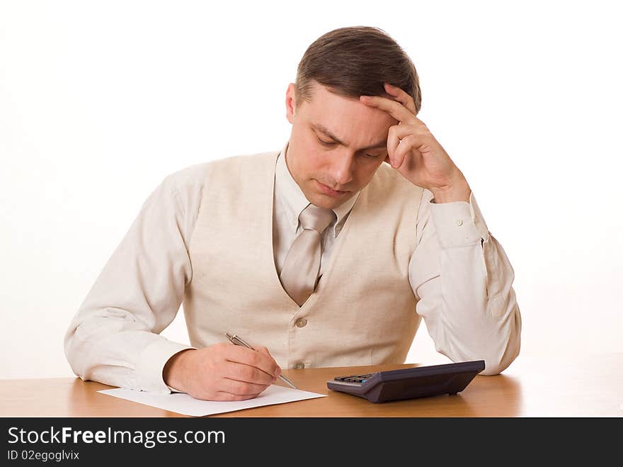 Businessman finds a table on a white background. Businessman finds a table on a white background