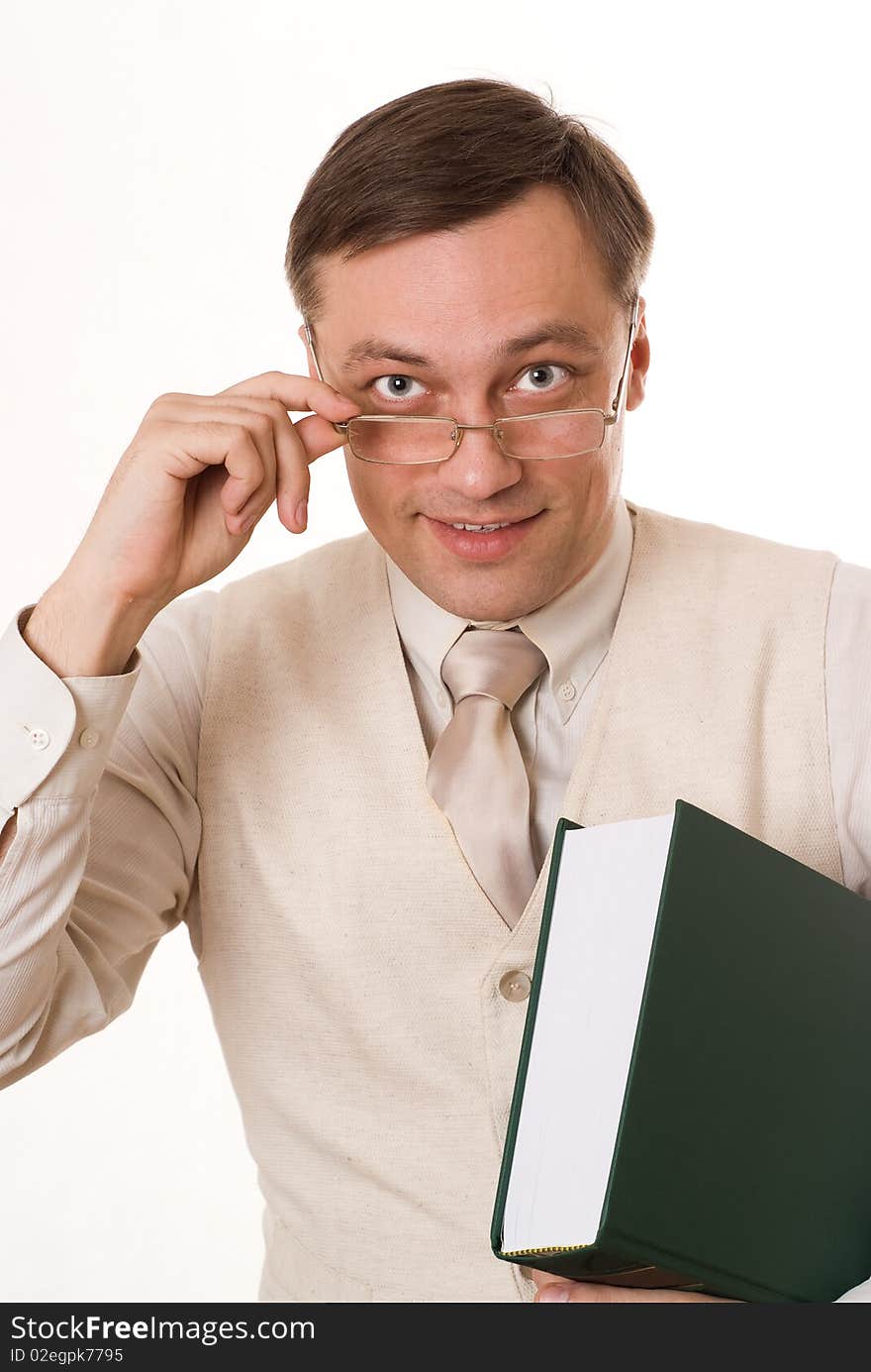 Handsome businessman with a book on white background. Handsome businessman with a book on white background