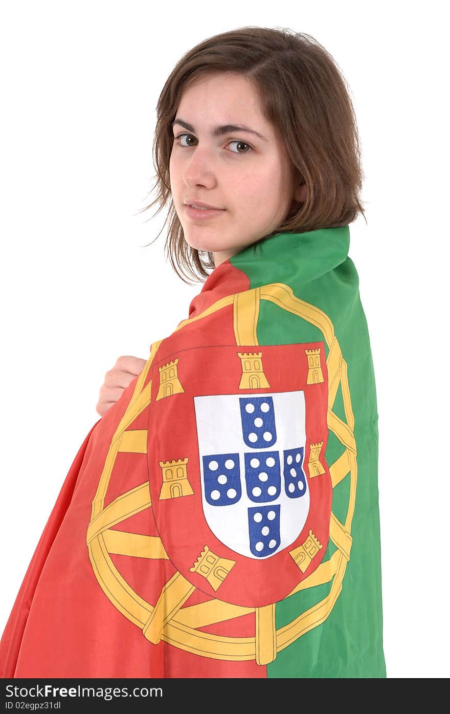 Woman Portugal Soccer fan, isolated on white background