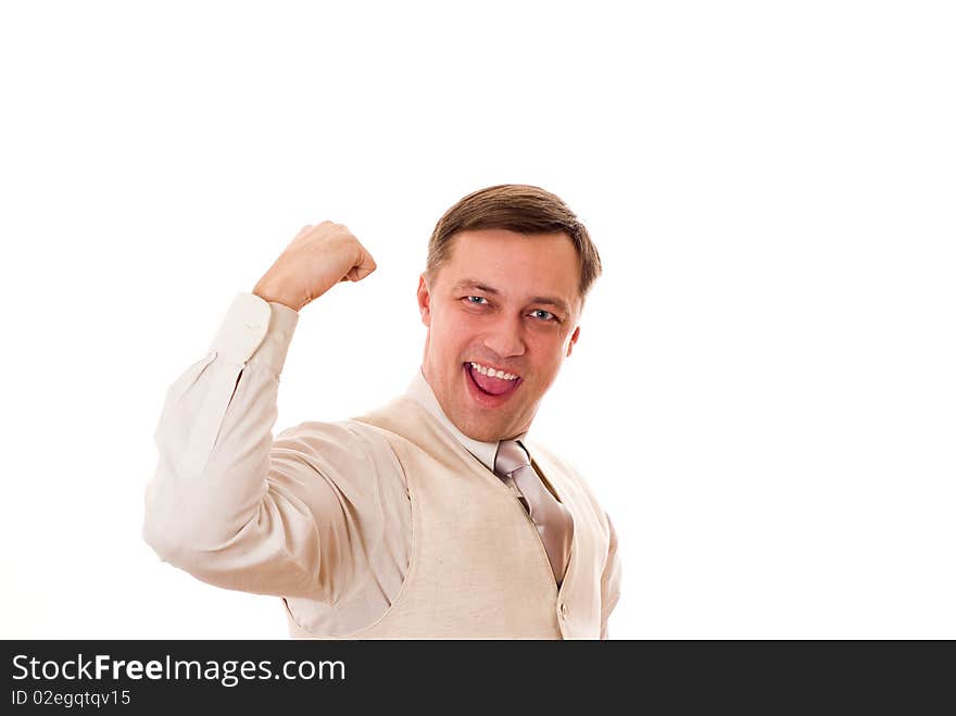 Young handsome businessman is happy on a white background