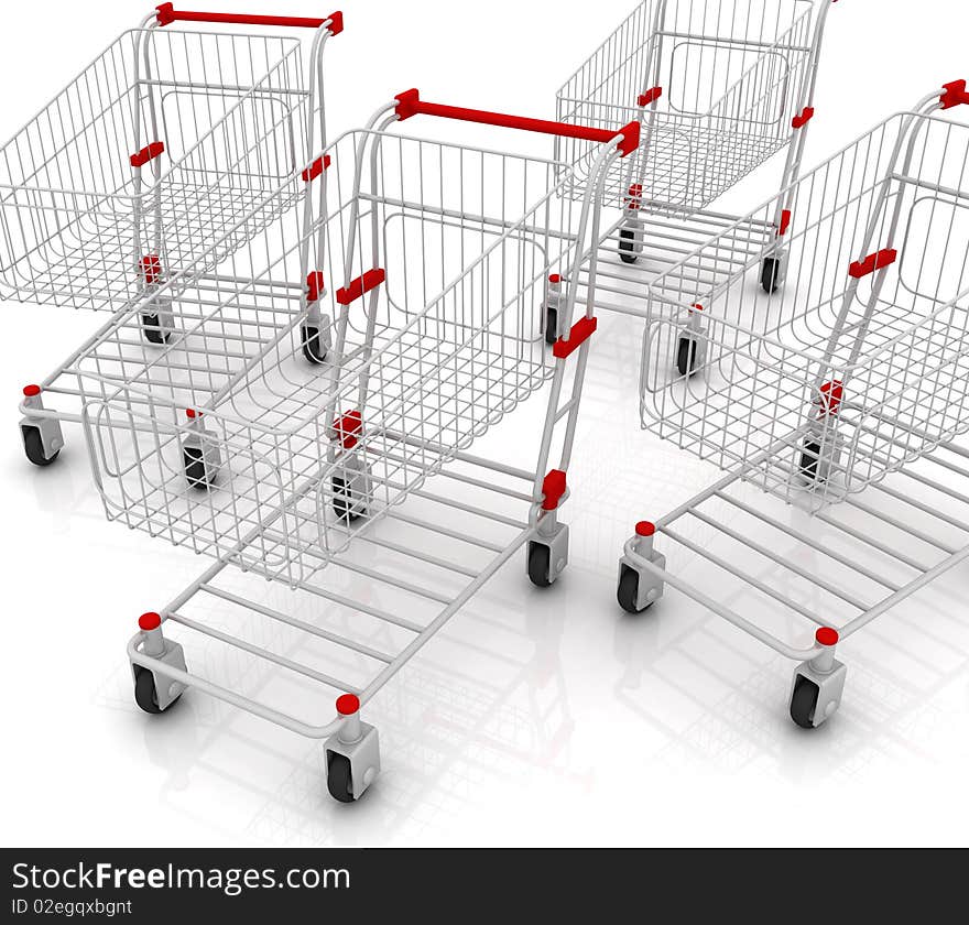 Shopping carts isolated on white. 3D render.