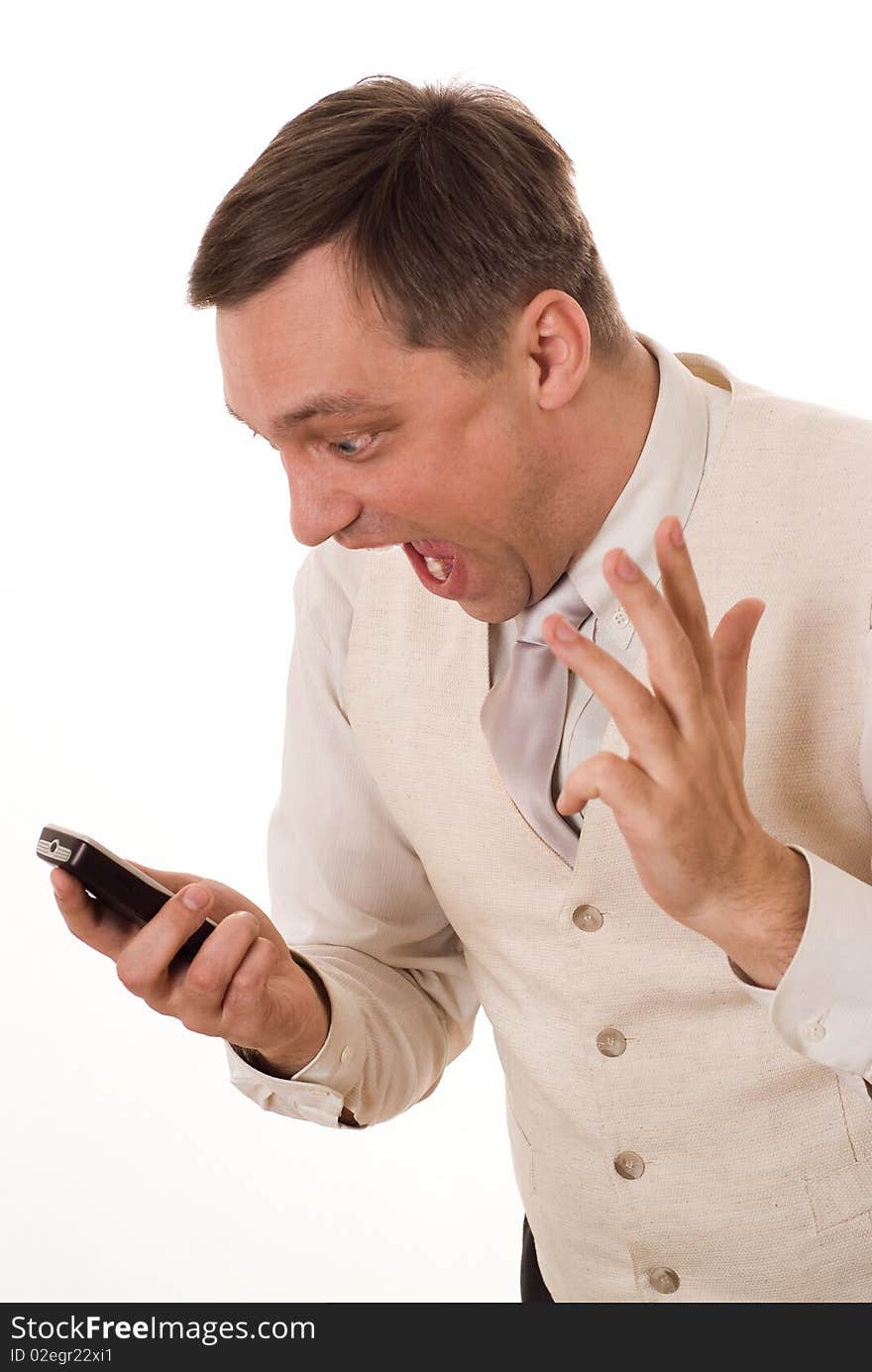 Young man talking on the phone on a white