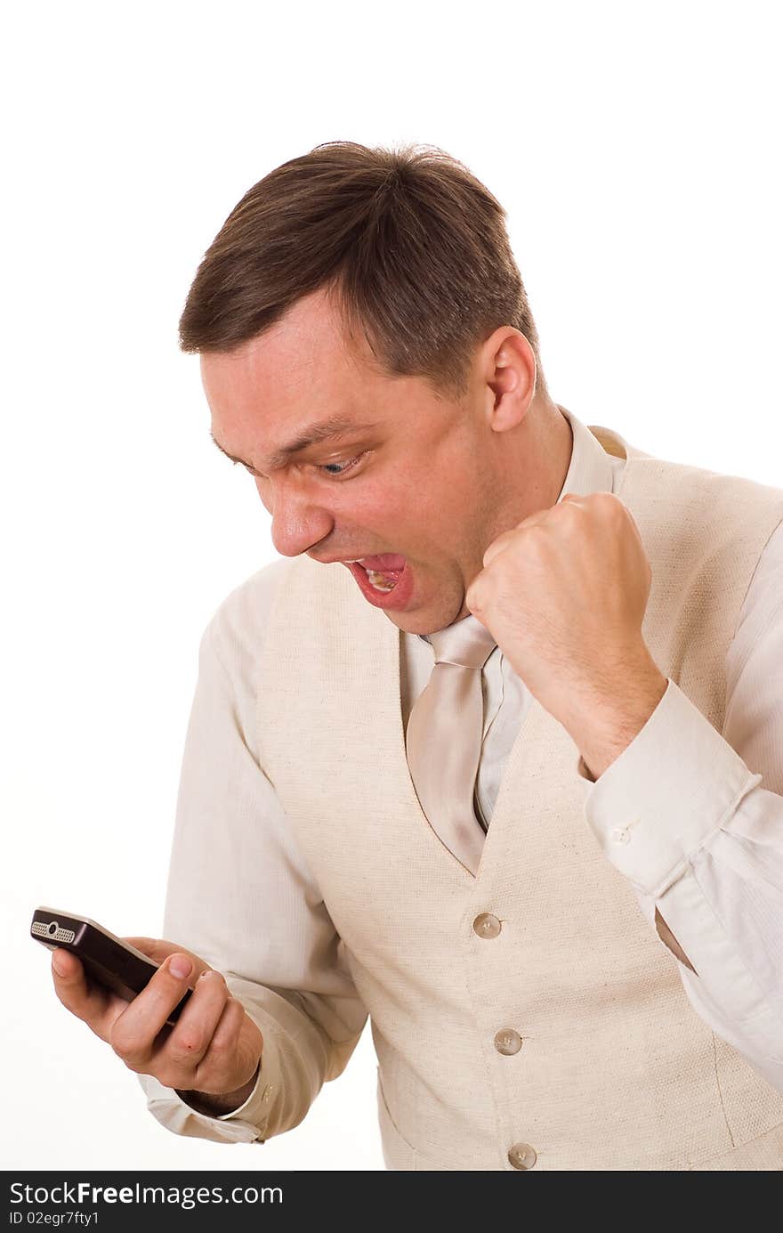 Young man talking on the phone on a white