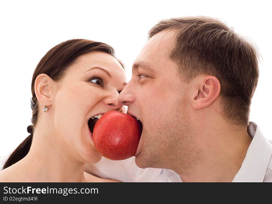 Young man with his wife together on a white background