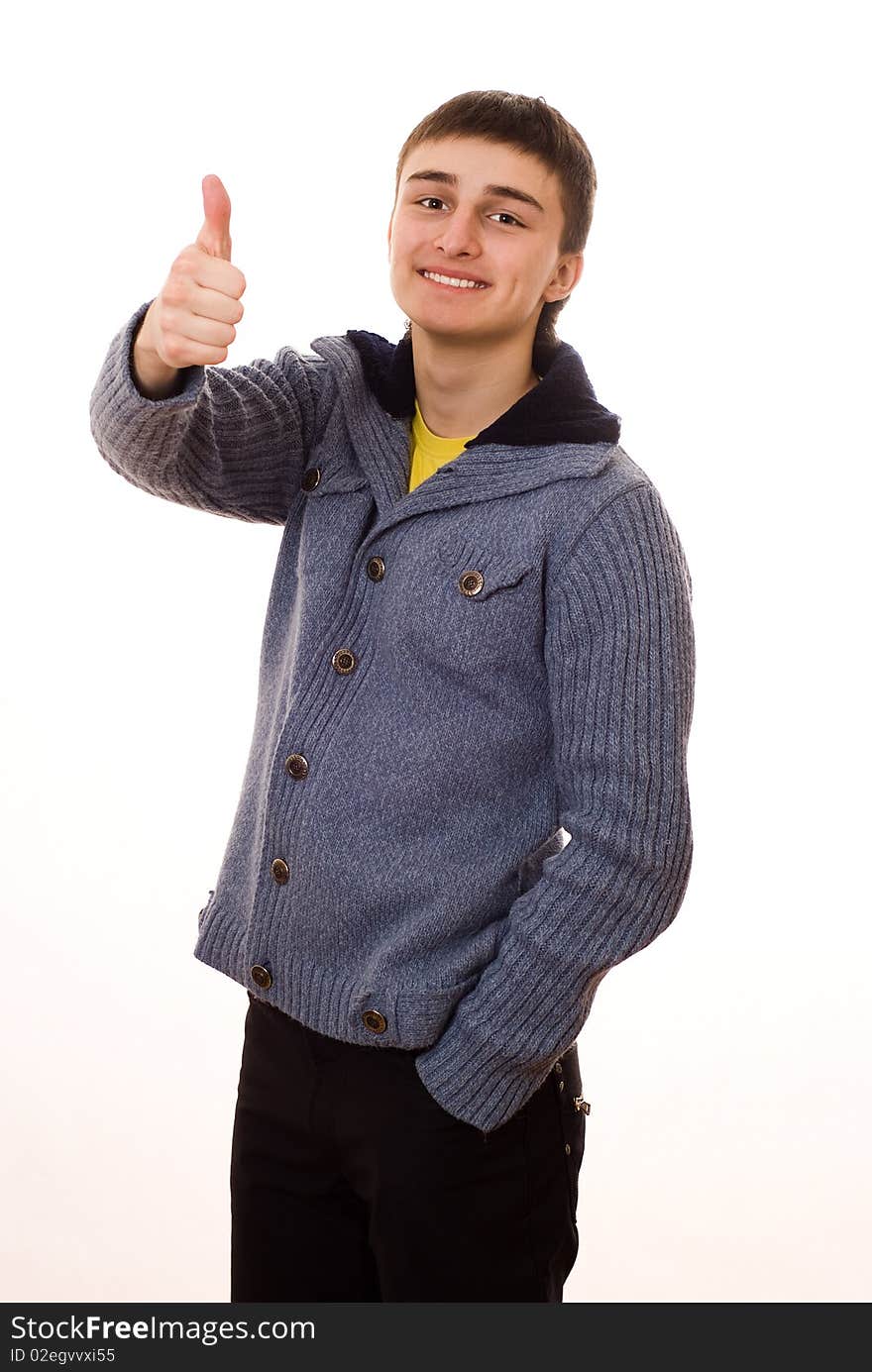 Man standing and smiling on white background